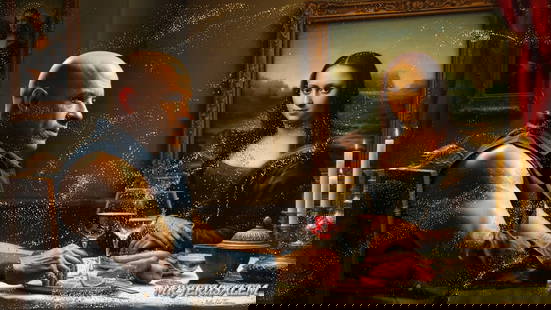 Vin Diesel - Having Dinner With Mona Lisa-D2, Limited Edition, Signed & Numbered: Mr. Jerusalem. meticulously craft each artwork, initiating the process with the creation of the original piece, reproduced on high-quality canvas through professional printing I intricately hand-paint