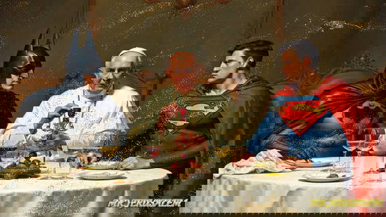 Pope Francis Having Dinner With Batman & Superman, Limited Edition of 500: Mr. Jerusalem. meticulously craft each artwork, initiating the process with the creation of the original piece, reproduced on high-quality canvas through professional printing I intricately hand-paint