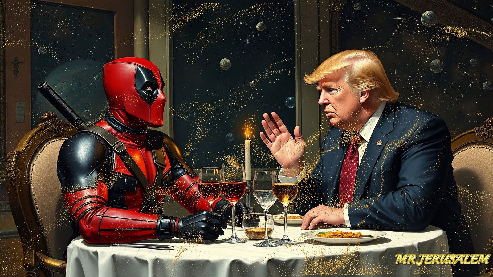 Donald Trump Dinner With Deadpool-D1, Limited Edition of 50 Pieces: Please note the images you see here for the artworks is protected with artist name in gold & gold glitter watermark. The original artworks will be unique and one-of-a-kind, hand painted with glue
