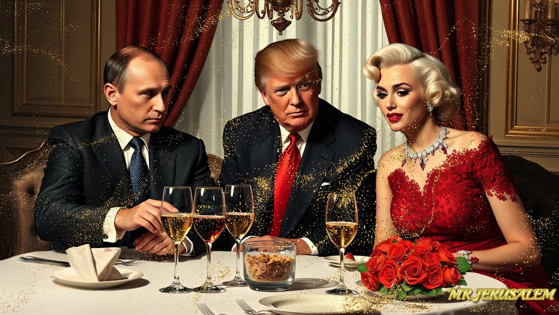 Donald Trump Dinner With Vladimir Putin & Marilyn Monroe-D1, Limited Edition of 50 Pieces: Please note the images you see here for the artworks is protected with artist name in gold & gold glitter watermark. The original artworks will be unique and one-of-a-kind, hand painted with glue