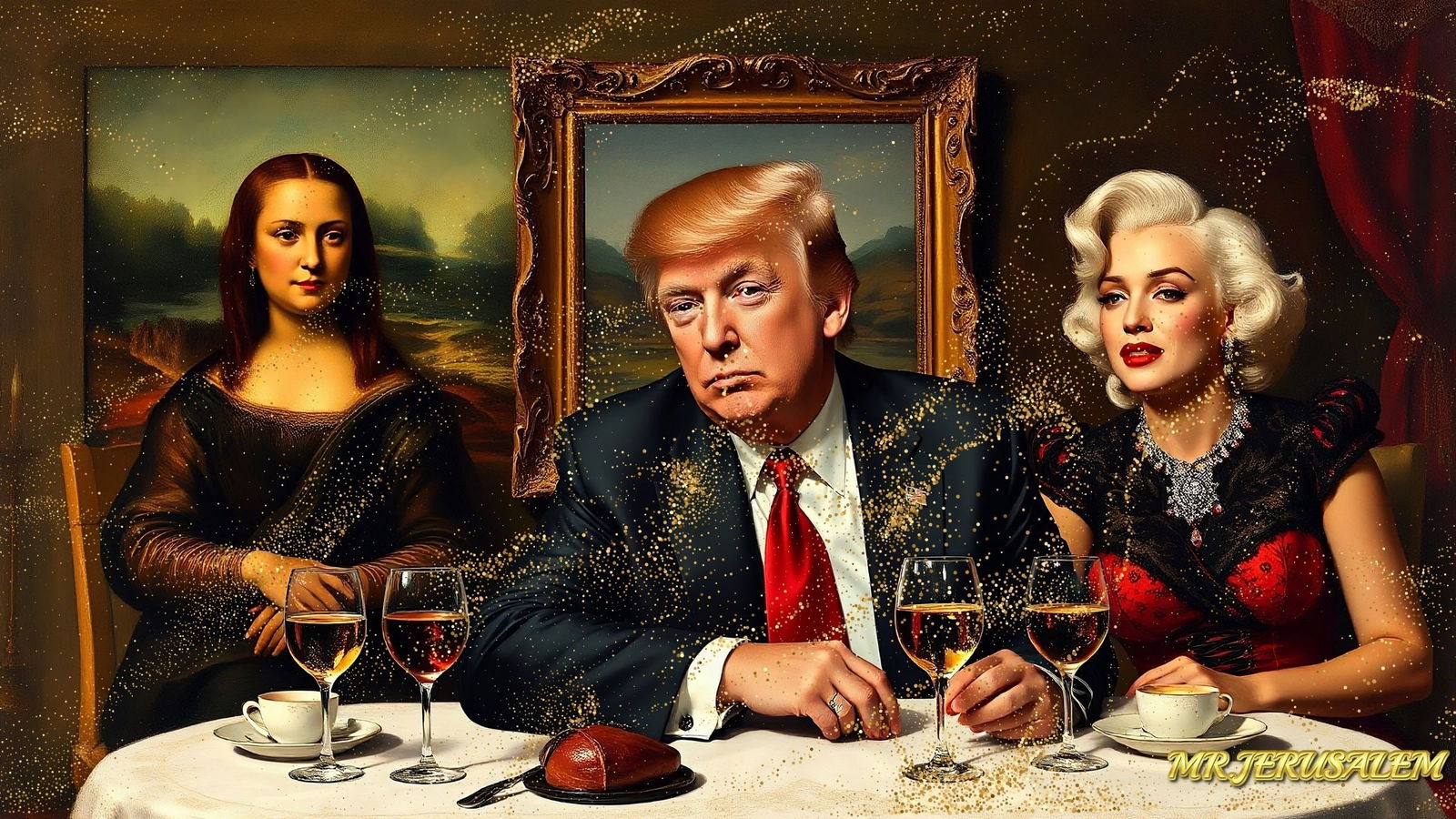 Donald Trump Dinner With Mona Lisa & Marilyn Monroe-D2, Limited Edition of 50 Pieces: Please note the images you see here for the artworks is protected with artist name in gold & gold glitter watermark. The original artworks will be unique and one-of-a-kind, hand painted with glue