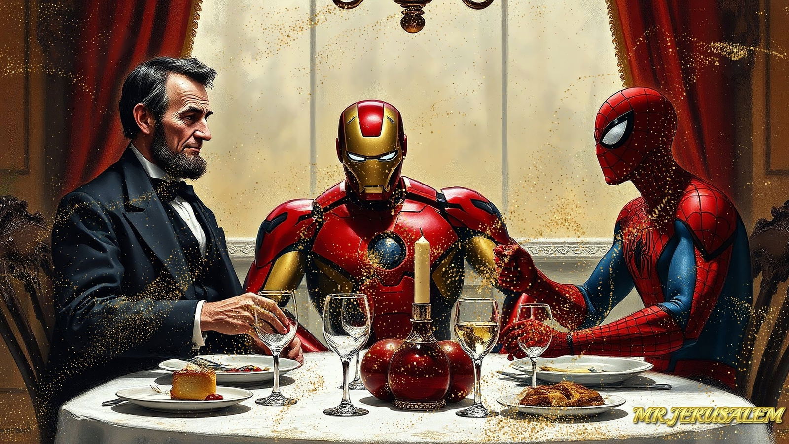 Abraham Lincoln Dinner With Ironman & Spiderman-D2, Limited Edition of 50 Pieces: Please note the images you see here for the artworks is protected with artist name in gold & gold glitter watermark. The original artworks will be unique and one-of-a-kind, hand painted with glue