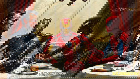 Abraham Lincoln Having Dinner With Ironman & Spiderman-D2, Limited Edition: Mr. Jerusalem. meticulously craft each artwork, initiating the process with the creation of the original piece, reproduced on high-quality canvas through professional printing I intricately hand-paint