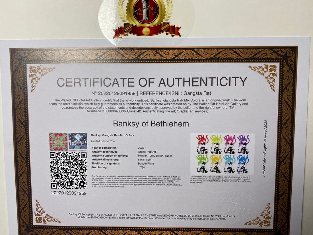 Banksy, In the manner of”, COA. Walled Off Hotel, Original, Limited Edition. Signed. Numbered. - 6