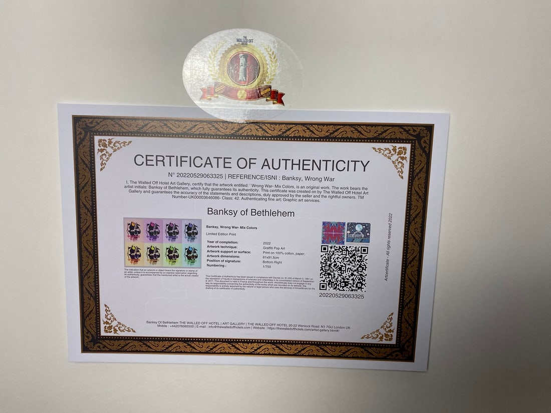 Banksy, In the manner of”, COA. Walled Off Hotel, Original, Limited Edition. Signed. Numbered - 6