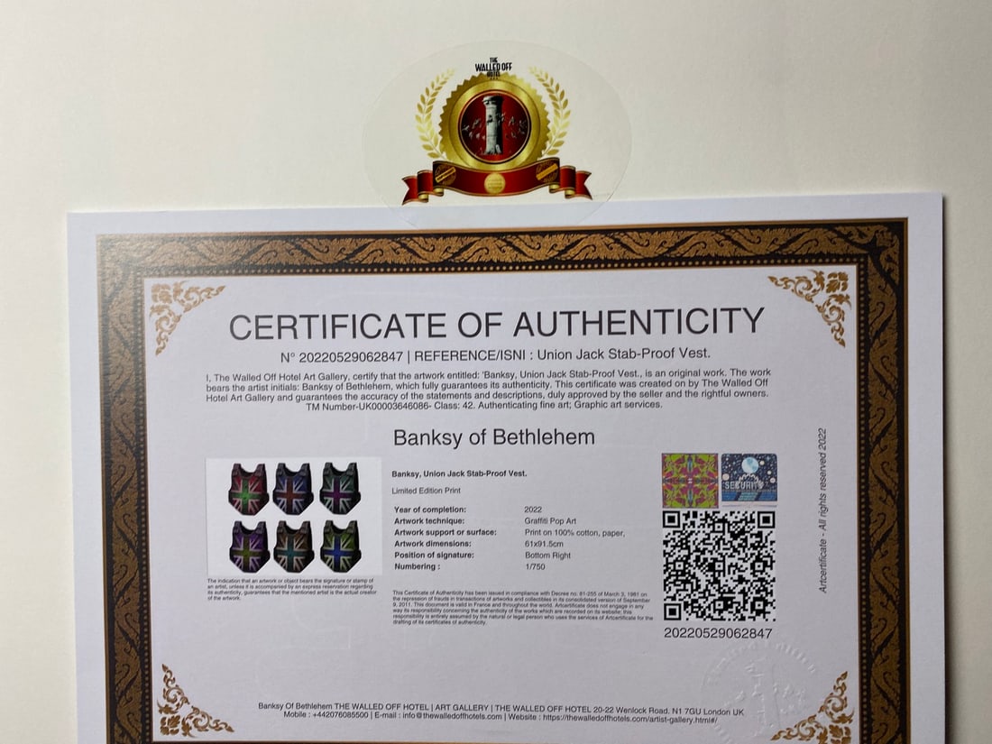 Banksy, In the manner of”, Walled Off Hotel, COA, Original, Limited Edition. Signed. Numbered - 8