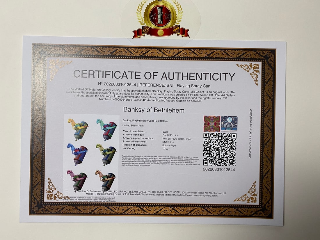 Banksy, In the manner of”, COA. Walled Off Hotel, Original, Limited Edition. Signed. Numbered. - 7