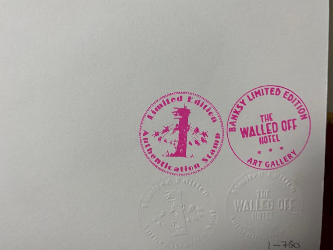 Banksy, In the manner of”, COA. Walled Off Hotel, Original, Limited Edition. Signed. Numbered. - 8
