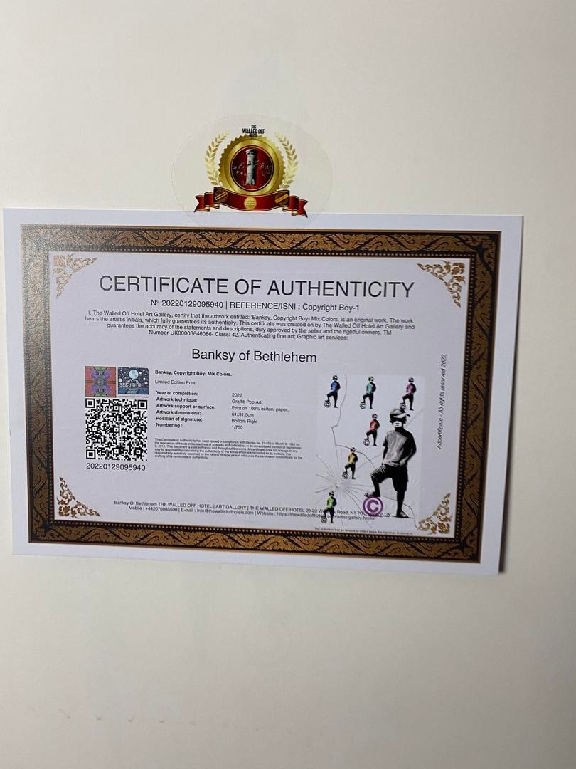 Banksy, In the manner of”, COA. Walled Off Hotel, Original, Limited Edition. Signed. Numbered. - 9
