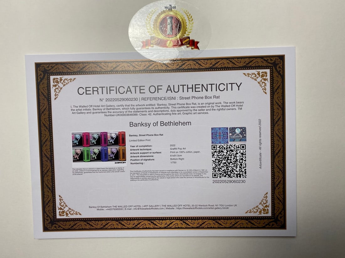 Banksy, In the manner of”, Walled Off Hotel, COA, Original, Limited Edition. Signed. Numbered - 6