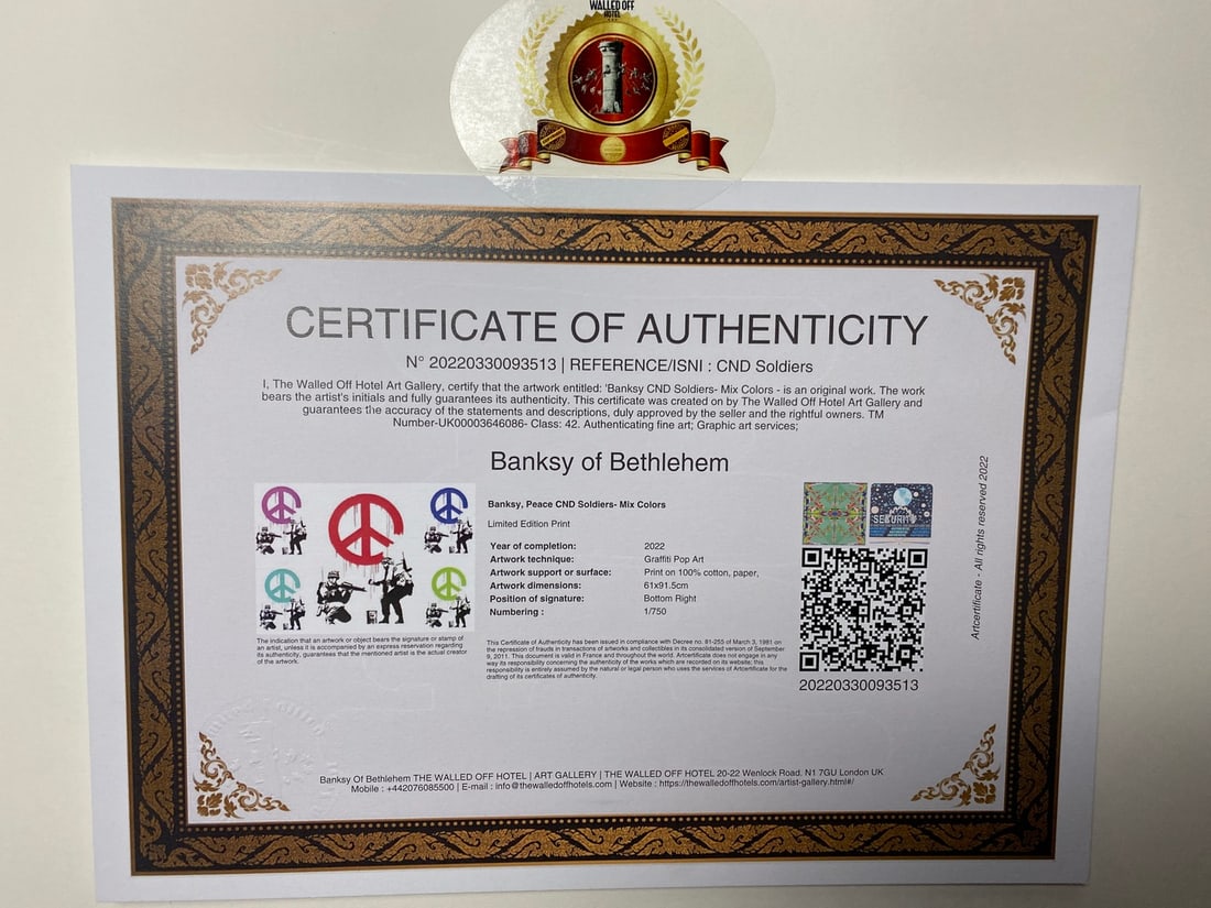 Banksy, In the manner of”, Walled Off Hotel, COA, Original, Limited Edition. Signed. Numbered - 6