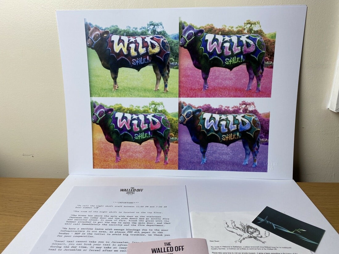 The Walled Off Hotel, Limited Edition, Original Print.: 2022 Walled Off Hotel Artist Print on paper, Solid Finishing: Classic (250 gsm gloss) Limited Edition of 1500 Numbered and Stamped / seal Sizes- 41cm X 45 The Walled Off Hotel Invoice Printed and