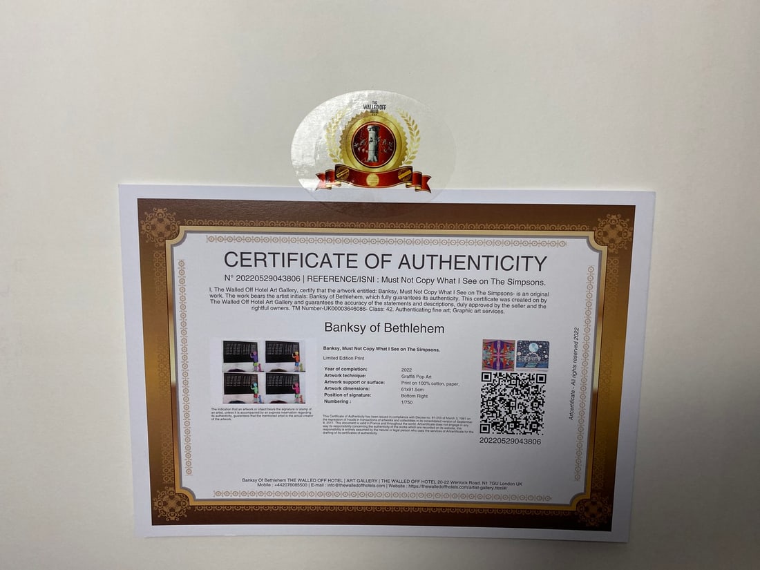 Banksy, In the manner of”, COA. Walled Off Hotel, Original, Limited Edition. Signed. Numbered, - 7