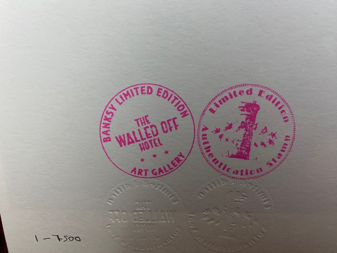 Banksy, In the manner of”, COA. Walled Off Hotel, Original, Limited Edition. Signed. Numbered. - 6