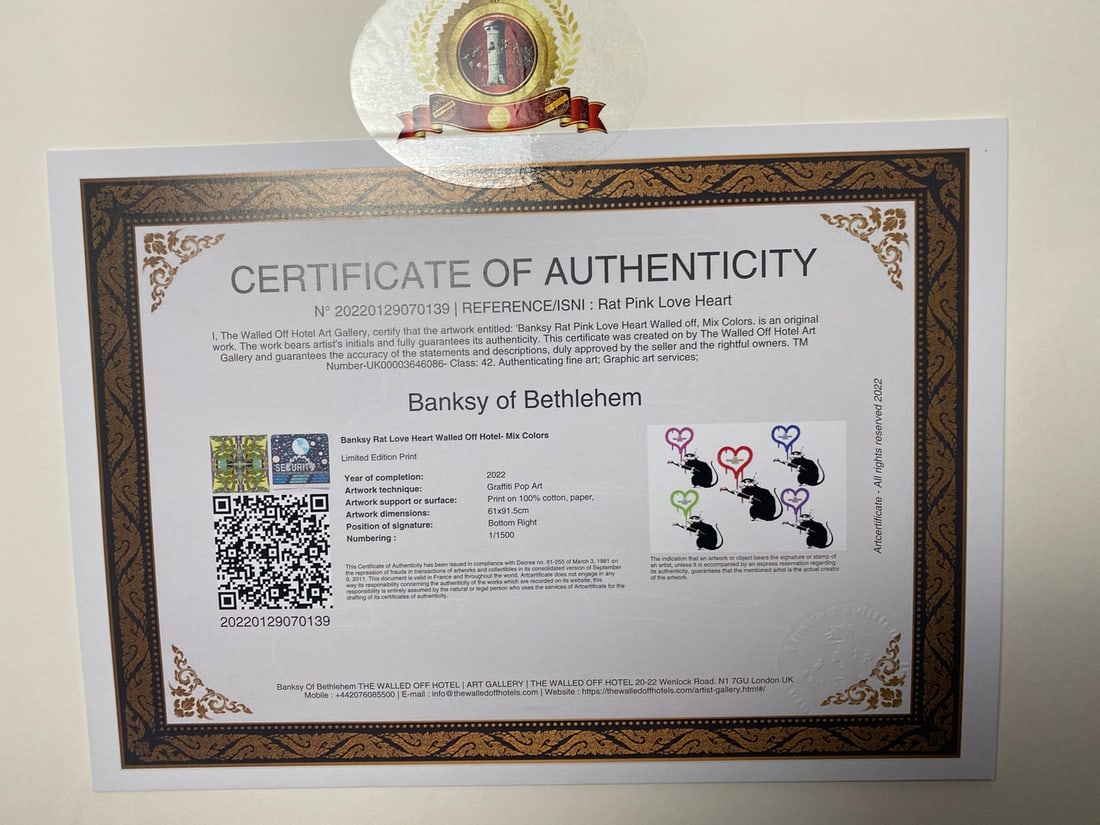 Banksy, In the manner of”, COA. Walled Off Hotel, Original, Limited Edition. Signed. Numbered. - 5