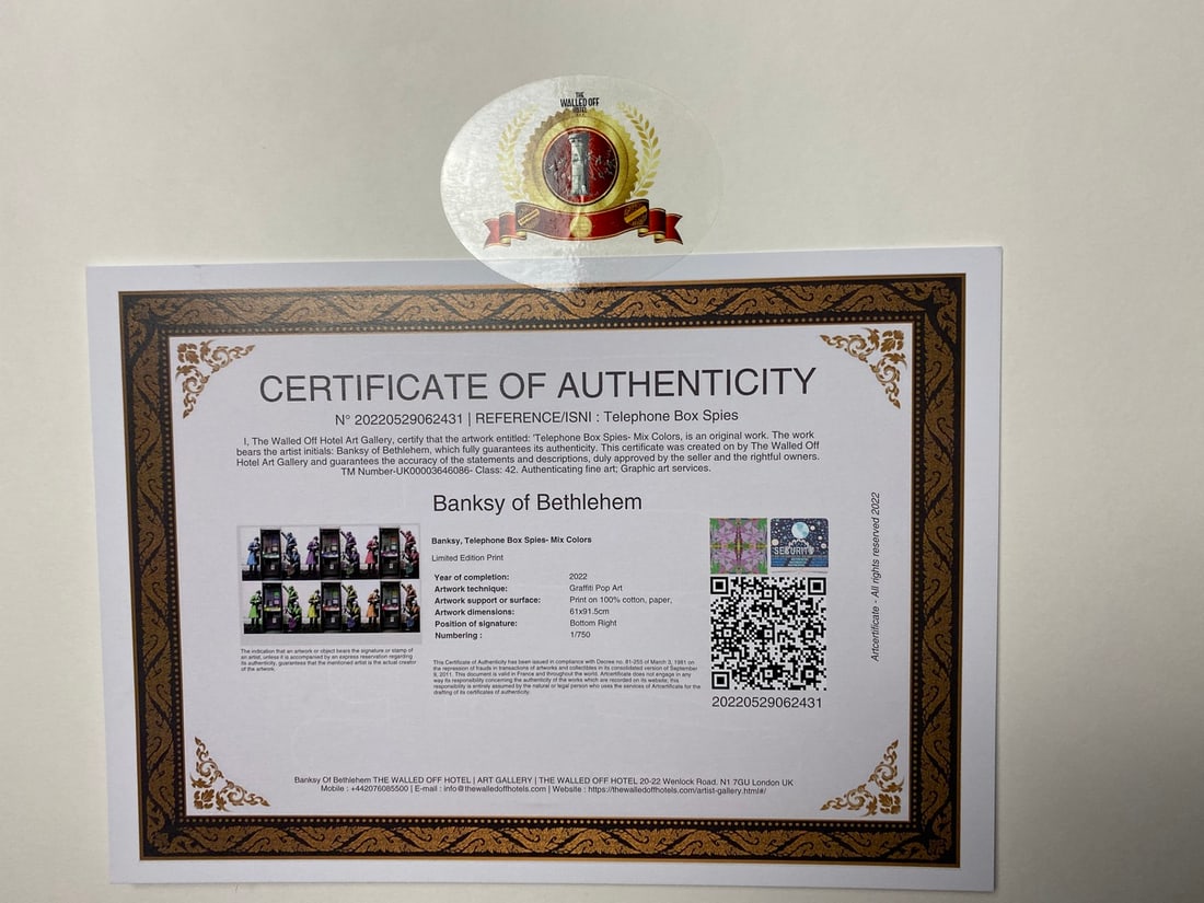 Banksy, In the manner of”, Walled Off Hotel, COA, Original, Limited Edition. Signed. Numbered - 6