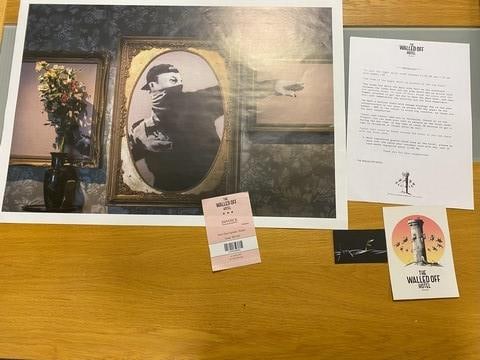 The Walled Off Hotel Poster, Banksy, Flower Throw- D2: 2022 Screen print on paper, Solid Finishing: Classic (250 gsm gloss) Limited Edition of 3000 Numbered and Stamped / seal Sizes- 420 X594mm The Walled Off Hotel Invoice Sold unframed 