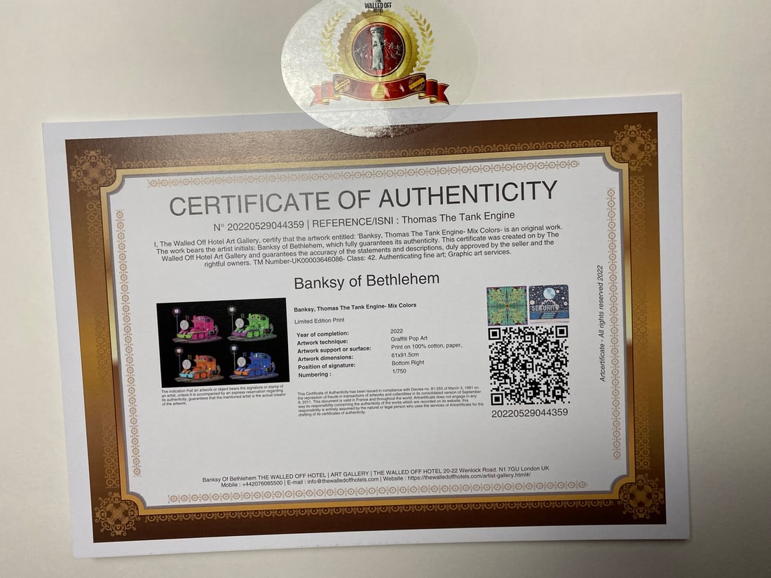 Banksy, In the manner of”, COA. Walled Off Hotel, Original, Limited Edition. Signed. Numbered - 4