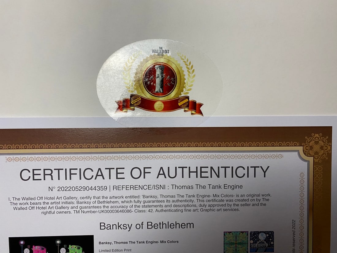 Banksy, In the manner of”, COA. Walled Off Hotel, Original, Limited Edition. Signed. Numbered - 5