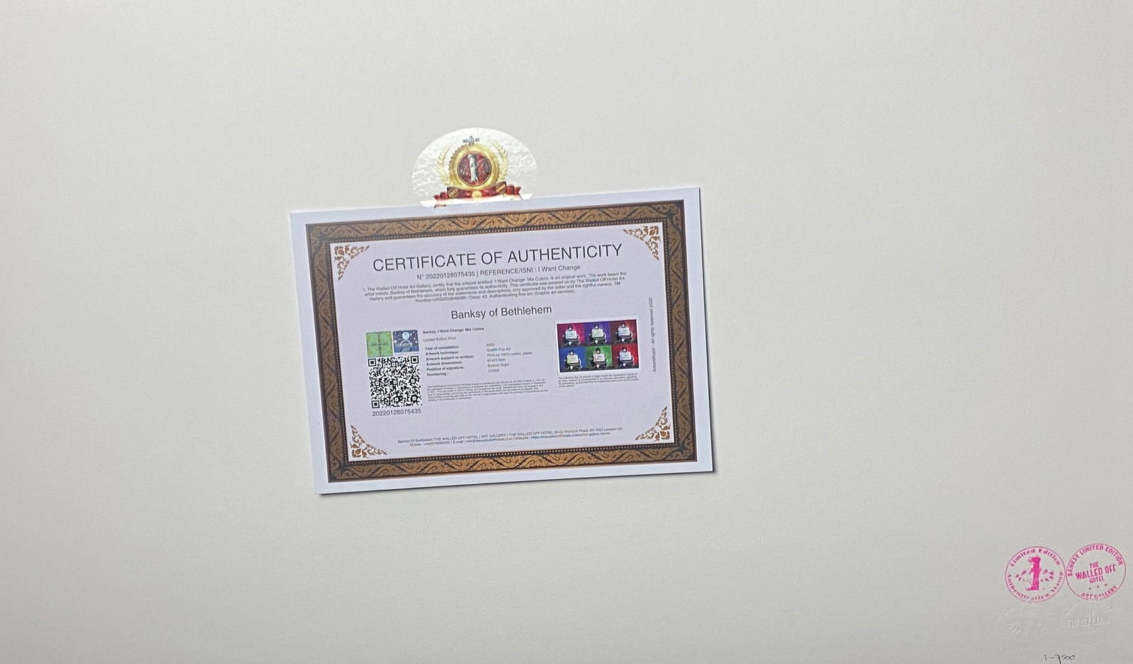 Banksy, In the manner of”, COA. Walled Off Hotel, Original, Limited Edition. Signed. Numbered. - 4