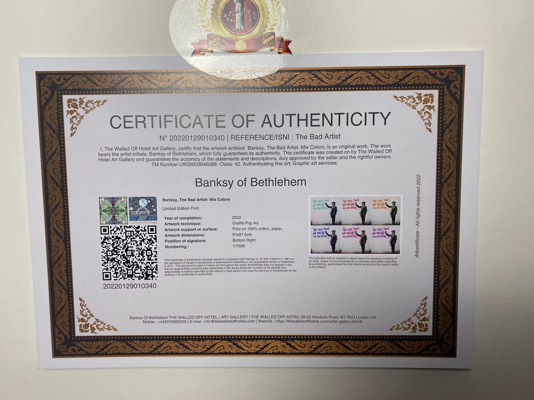 Banksy, In the manner of”, COA. Walled Off Hotel, Original, Limited Edition. Signed. Numbered. - 4