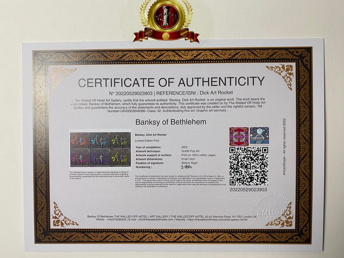 Banksy, In the manner of”, COA. Walled Off Hotel, Original, Limited Edition. Signed. Numbered - 6