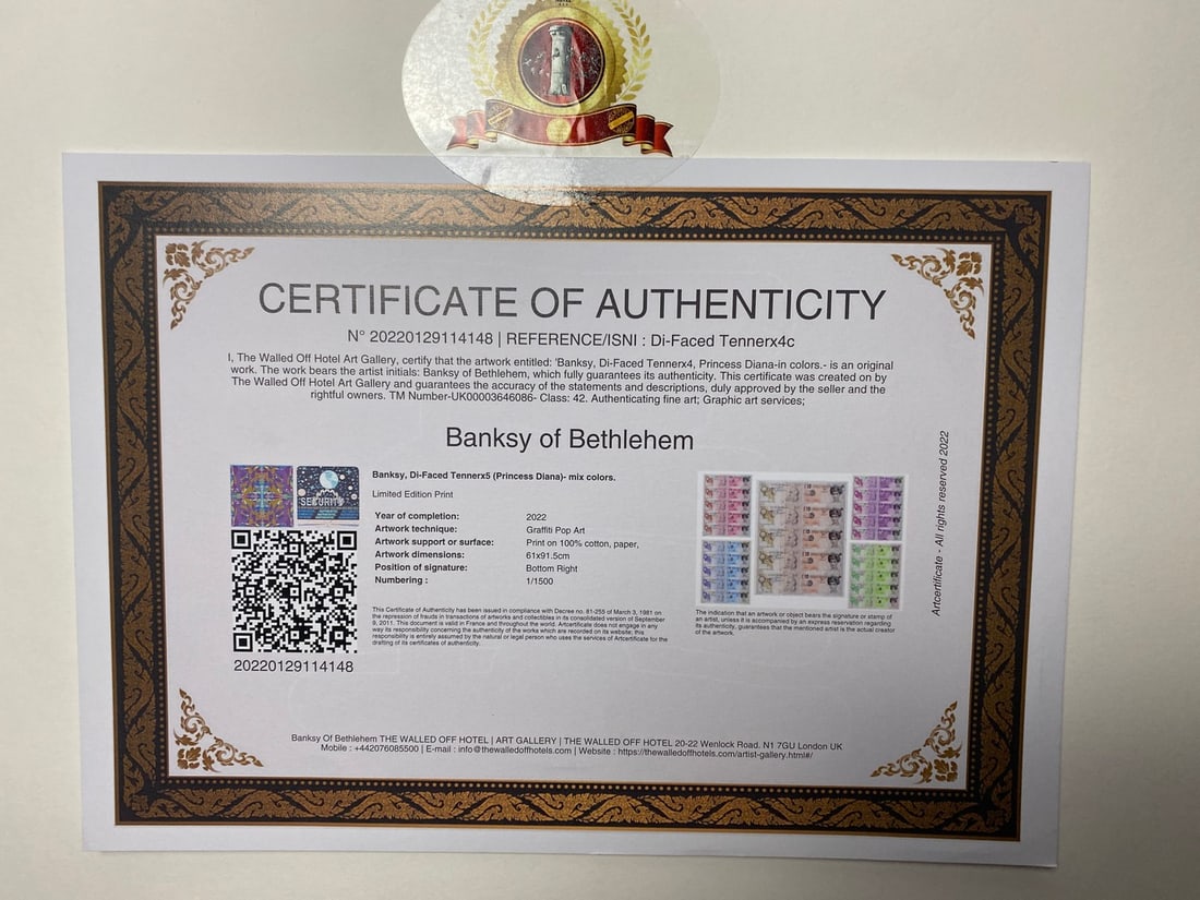 Banksy, In the manner of”, COA. Walled Off Hotel, Original, Limited Edition. Signed. Numbered. - 7