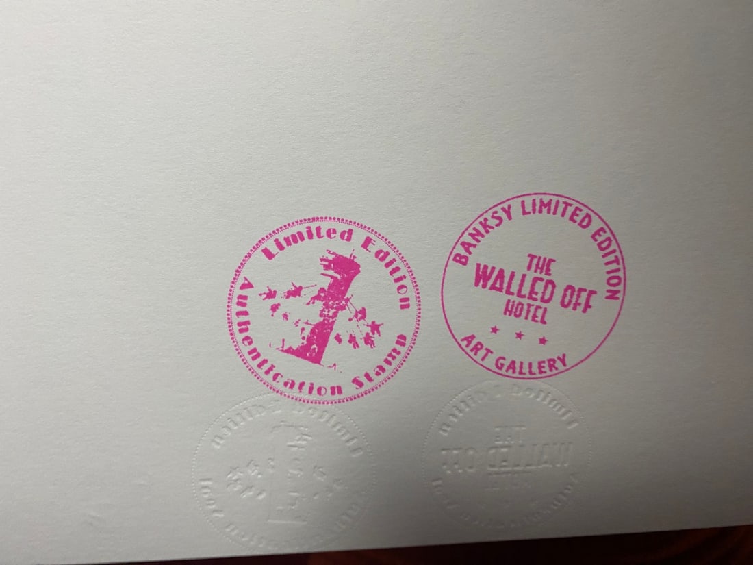 Banksy, In the manner of”, COA. Walled Off Hotel, Original, Limited Edition. Signed. Numbered. - 8