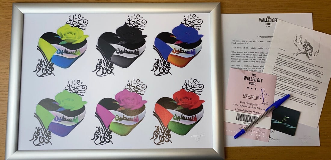 The Walled Off Hotel, Limited Edition Print,: 2022 Screen print on paper, Solid Finishing: Classic (250 gsm gloss) Limited Edition of 1500 Numbered and Stamped / seal Sizes- 420 X594mm The Walled Off Hotel Invoice Sold unframed 