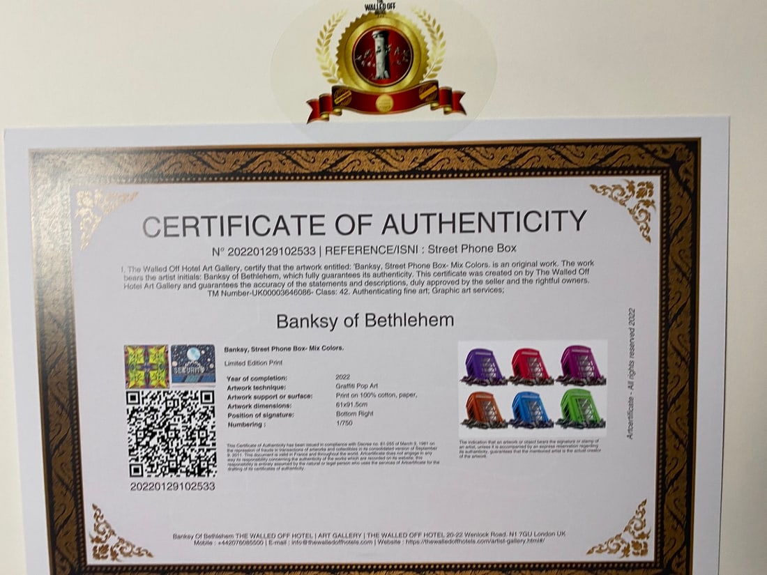 Banksy, In the manner of”, COA. Walled Off Hotel, Original, Limited Edition. Signed. Numbered - 5