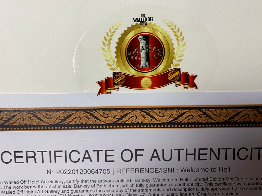 Banksy, In the manner of”, COA. Walled Off Hotel, Original, Limited Edition. Signed. Numbered - 8