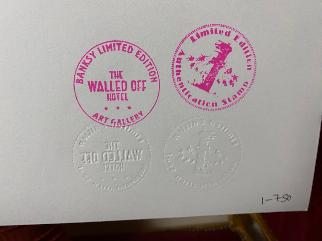 Banksy, In the manner of”, COA. Walled Off Hotel, Original, Limited Edition. Signed. Numbered. - 8