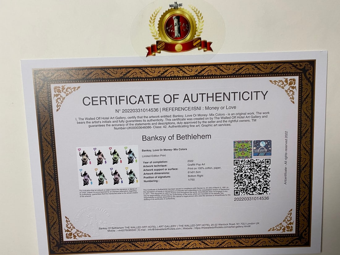 Banksy, In the manner of”, COA. Walled Off Hotel, Original, Limited Edition. Signed. Numbered. - 6