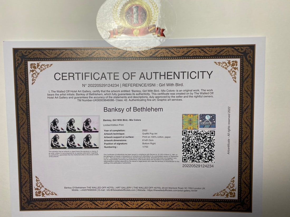 Banksy, In the manner of”, COA. Walled Off Hotel, Original, Limited Edition. Signed. Numbered. - 4