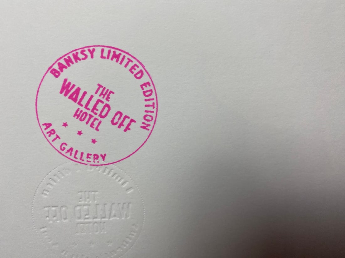 Banksy, In the manner of”, COA. Walled Off Hotel, Original, Limited Edition. Signed. Numbered. - 12