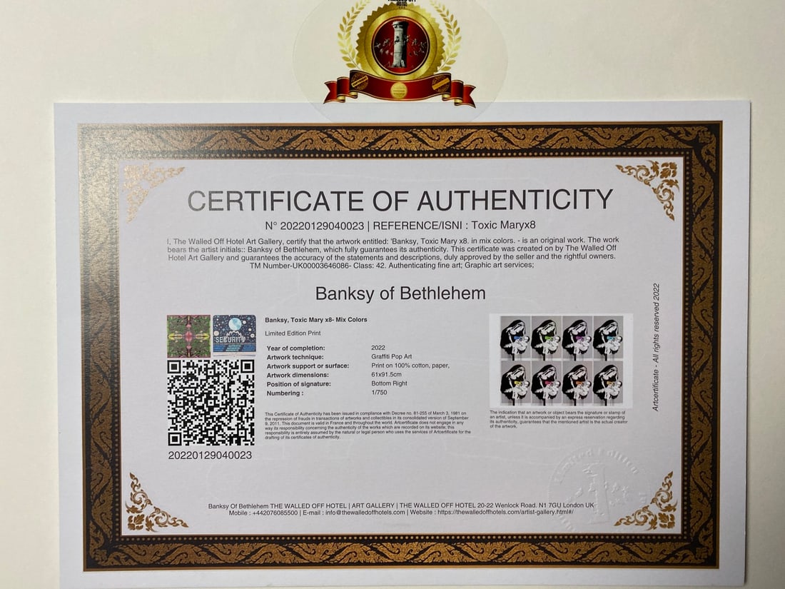 Banksy, In the manner of”, COA. Walled Off Hotel, Original, Limited Edition. Signed. Numbered. - 9