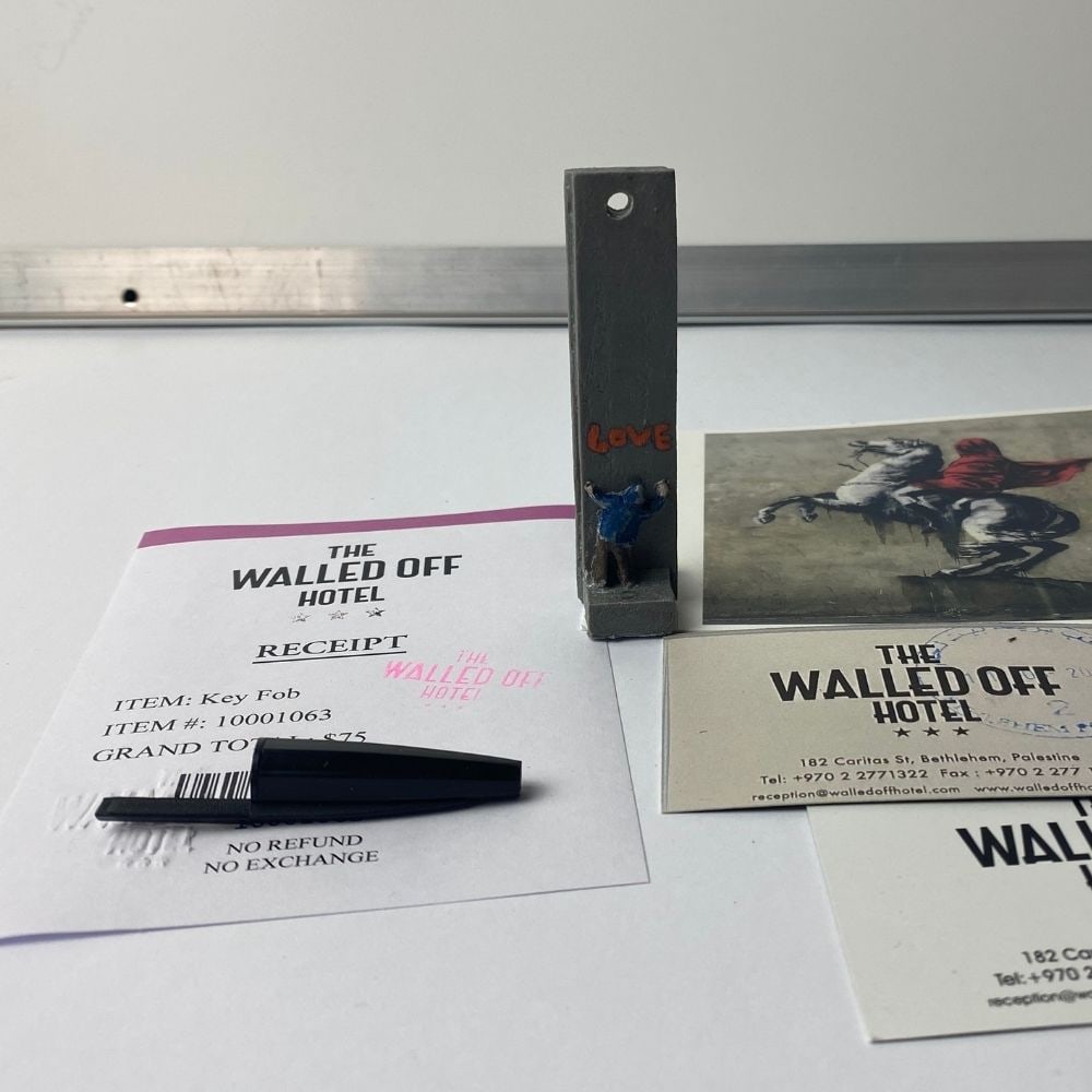 The Walled Off Hotel, Banksy, key Fob Sculpture. Original, Limited Edition,: The Walled Off Hotel, Banksy, key Fob Sculpture. Original, Limited Edition, 2022 New Edition Key Ring Sculpture. The Walled Off Hotel Hand painted. Hand made key fob sculpture. Banksy The Walled