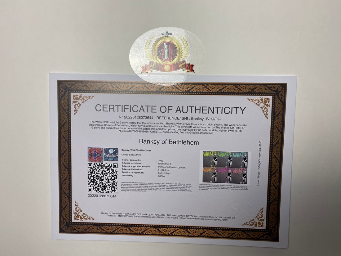 Banksy, In the manner of”, COA. Walled Off Hotel, Original, Limited Edition. Signed. Numbered - 6