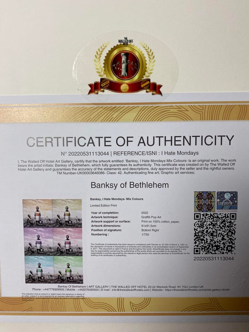 Banksy, In the manner of”, Walled Off Hotel, COA, Original, Limited Edition. Signed. Numbered - 7