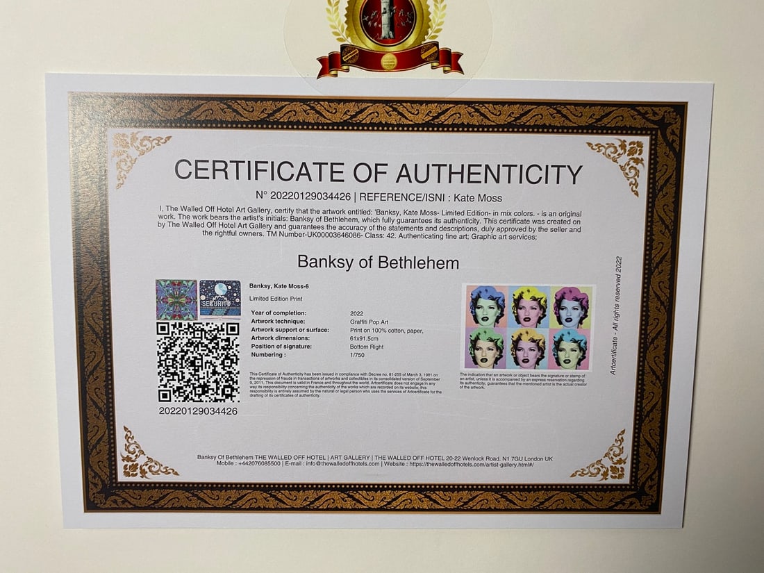 Banksy, In the manner of”, COA. Walled Off Hotel, Original, Limited Edition. Signed. Numbered - 6