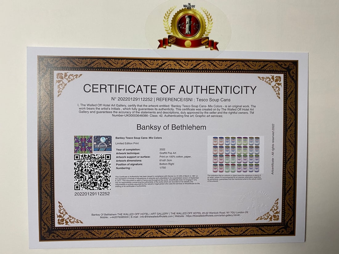 Banksy, In the manner of”, COA. Walled Off Hotel, Original, Limited Edition. Signed. Numbered. - 7