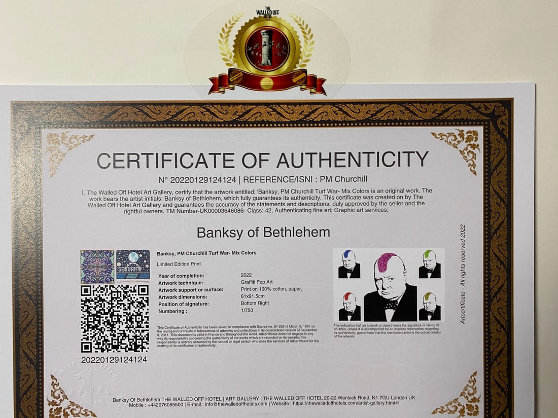 Banksy, In the manner of”, COA. Walled Off Hotel, Original, Limited Edition. Signed. Numbered. - 5