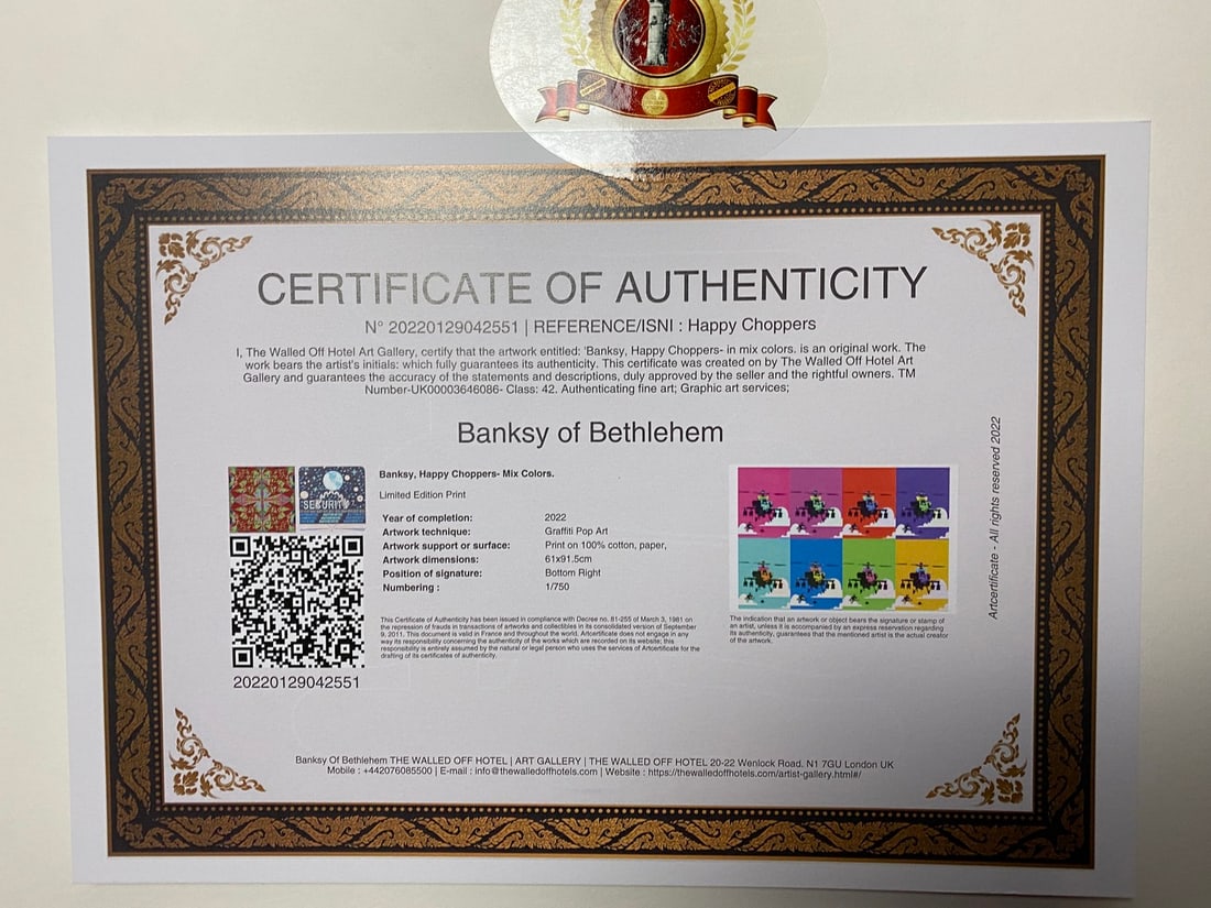 Banksy, In the manner of”, COA. Walled Off Hotel, Original, Limited Edition. Signed. Numbered - 6