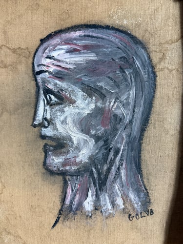 Leon Golub, (Attributed) Man Face- Original Oil Painting, Signed, - 2
