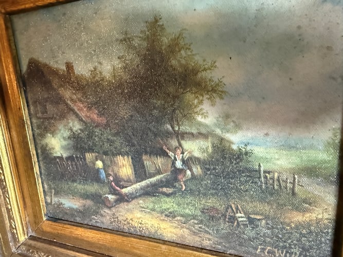 Oil On Canvas Painting. """"Children Playing"""" On A Teeter Totter By A Country Cottage. - 2