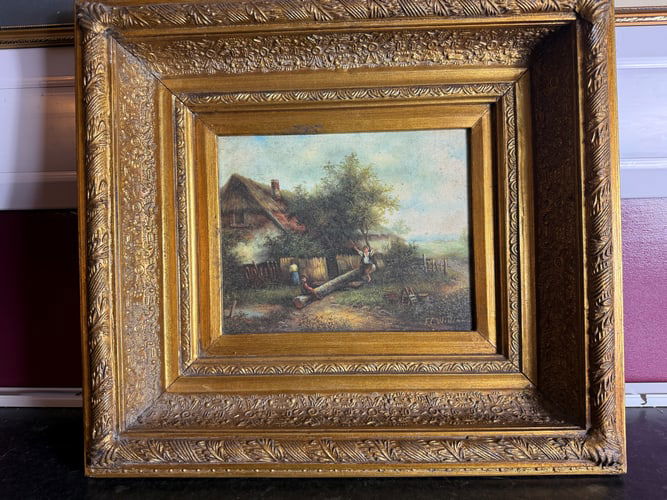 Oil On Canvas Painting. """"Children Playing"""" On A Teeter Totter By A Country Cottage. - 3