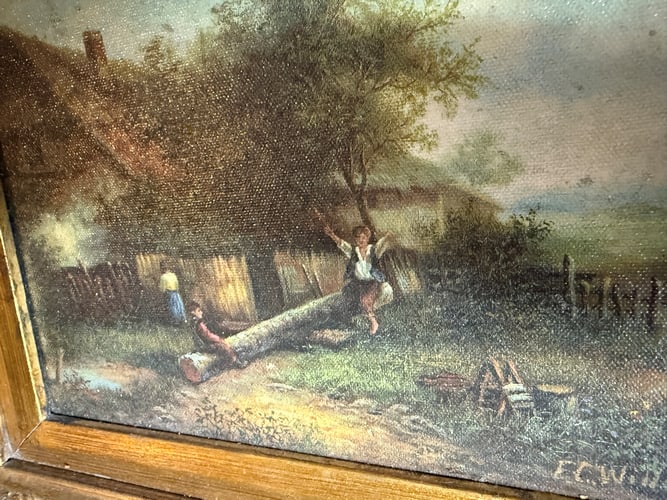 Oil On Canvas Painting. """"Children Playing"""" On A Teeter Totter By A Country Cottage. - 6