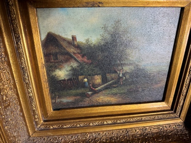 Oil On Canvas Painting. """"Children Playing"""" On A Teeter Totter By A Country Cottage. - 9