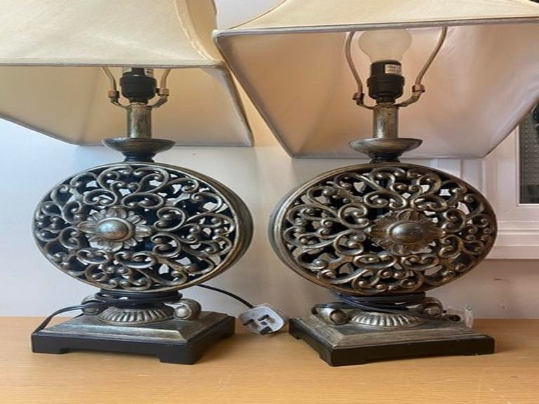 Brand Nee Uttermost Large, pair of Table Lamp Pierced MCM Style Floating Footed Mesa - 9