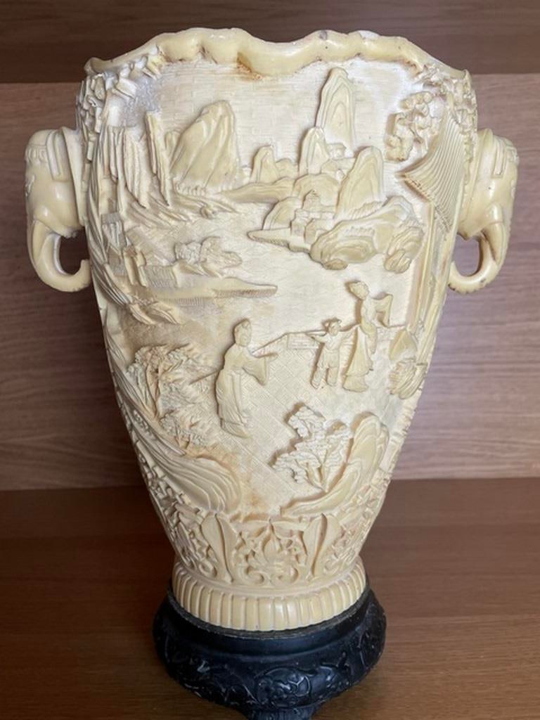 Vintage Asian Japanese Hand Carved Resin Vase Double Elephant Handles (1 of 5)